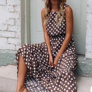 Julia Roberts Pretty Woman Chocolate Brown & White Polkadot Sun Maxi Dress 20 EC